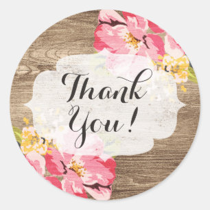 Sticker Rond Bois rustique et Merci Hibiscus rose peint