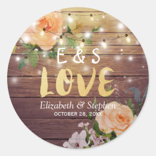 Sticker Rond Bois rustique Floral Chaîne Lumières Mariage Merci