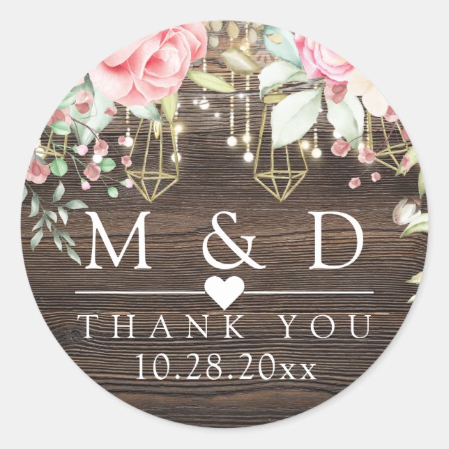 Sticker Rond Bois rustique Floral String lumières Mariage Merci (Devant)