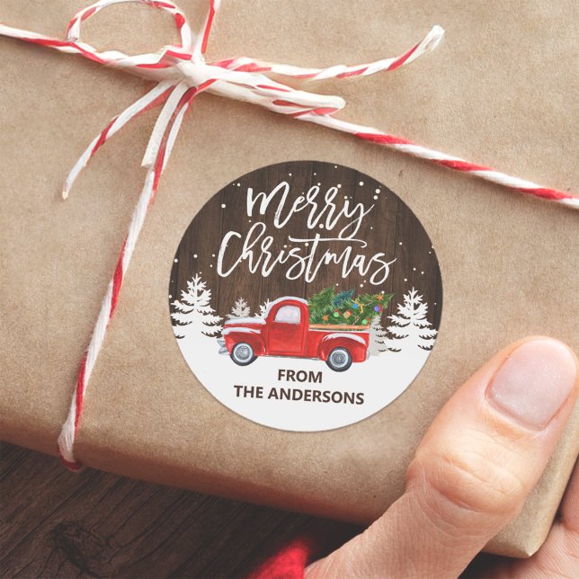 Sticker Rond Bois rustique Joyeux Noël Camion Pins Arbres (Créateur téléchargé)