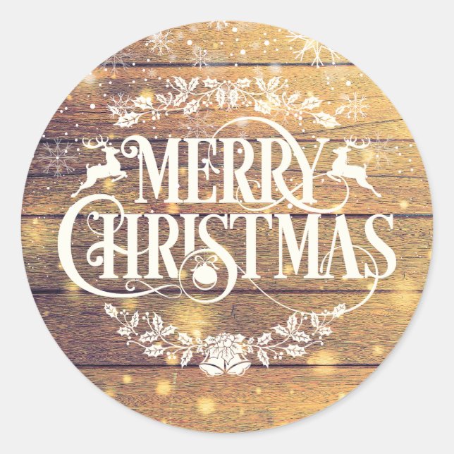 Sticker Rond Bois Rustique Joyeux Noël Flocons de Neige (Devant)