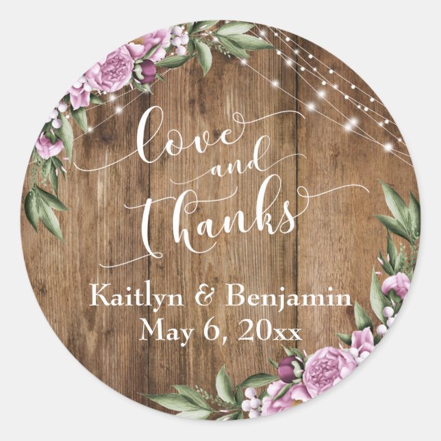 Sticker Rond Bois rustique, Lumières blanches, Fleurs Amour et  (Devant)