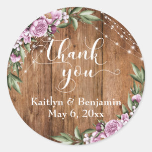 Sticker Rond Bois rustique, Lumières Blanches, Merci Fleurs