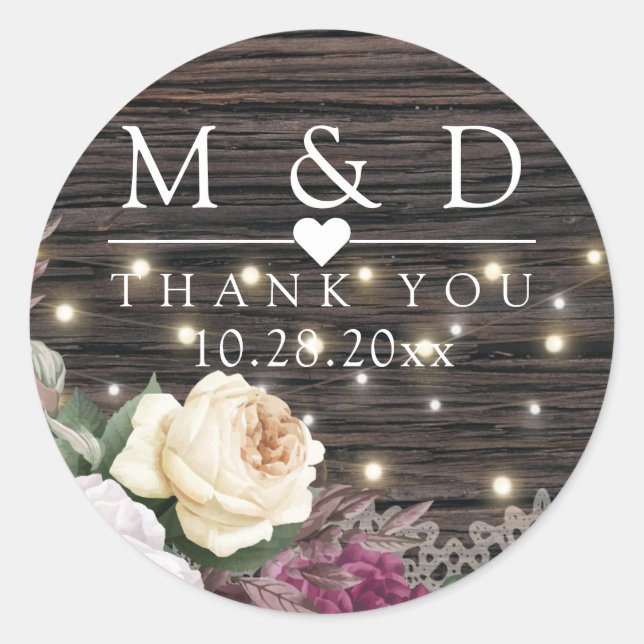 Sticker Rond Bois rustique Mariage Initiales florales (Devant)