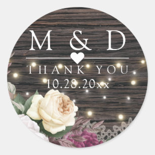Sticker Rond Bois rustique Mariage Initiales florales