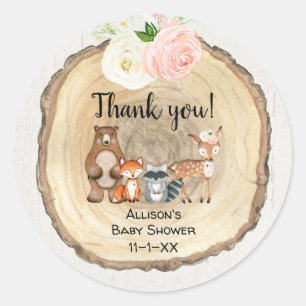 Sticker Rond Bois rustique mignon animaux fille baby shower