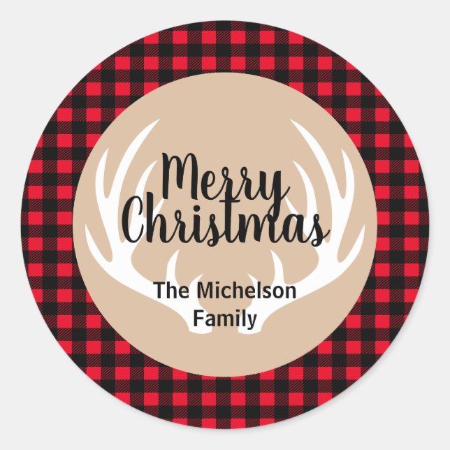 Sticker Rond Bois rustique Plaid Cerfs blancs Antlers Noël (Devant)