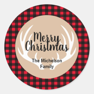 Sticker Rond Bois rustique Plaid Cerfs blancs Antlers Noël