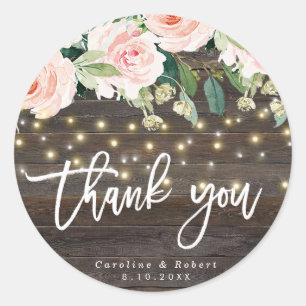 Sticker Rond bois rustique rose mariage floral merci autocollan