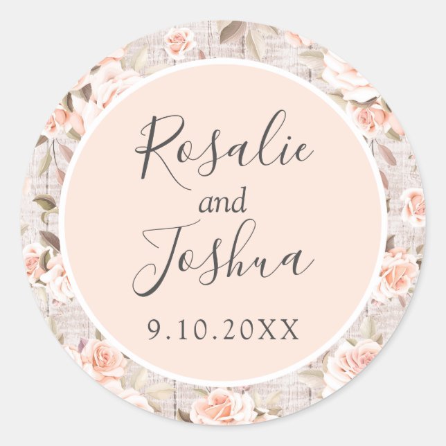 Sticker Rond Bois Rustique & Roses Romantiques Date de Mariage  (Devant)