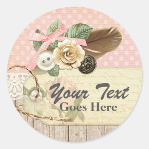 Sticker Rond Bois rustique shabby chic, dentelle vintage et plu