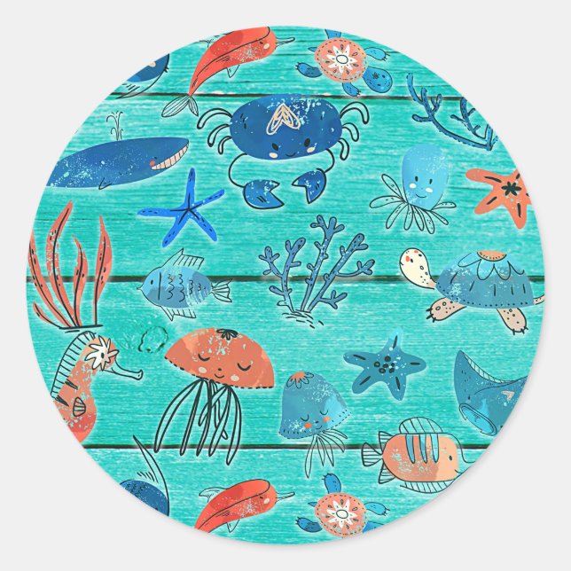 Sticker Rond Bois sarcelle rustique & Amis fantaisistes sous la (Devant)