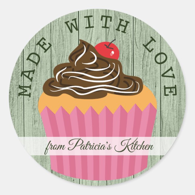 Sticker Rond Bois Vert Rustique Fabriqué Avec Cupcake Amoureux (Devant)