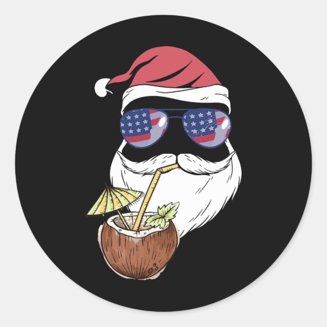 Sticker Rond Boisson coco tropicale de Noël de Santa en juillet (Devant)