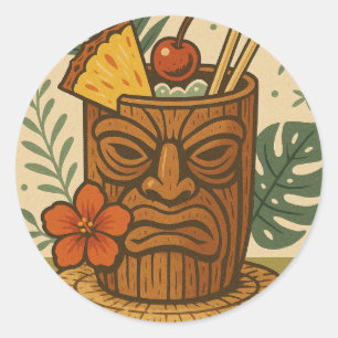 Sticker Rond Boisson Tiki Rétro Tropicale Anniversaire Luau Haw
