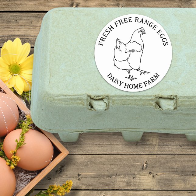 Sticker Rond Boîte à oeufs à plat libre simple poulet (Simple free range fresh chicken eggs box sticker with business name)