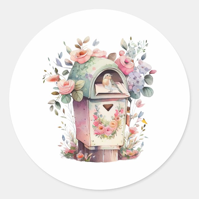 Sticker Rond Boîte aux lettres aquarelle avec fleurs et oiseaux (Devant)