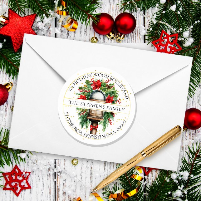 Sticker Rond Boîte aux lettres Noël Florale Retour Adresse (Elegant Christmas Holiday Mailbox Poinsettia Floral Return Address Envelope Seal)