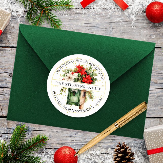 Sticker Rond Boîte aux lettres Noël Florale Retour Adresse (Elegant Christmas Holiday Mailbox Poinsettia Floral Return Address Envelope Seal)