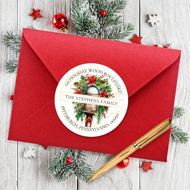 Sticker Rond Boîte aux lettres Noël Florale Retour Adresse (Elegant Christmas Holiday Mailbox Poinsettia Floral Return Address Envelope Seal)