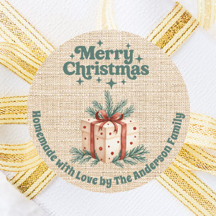 Sticker Rond Boîte cadeau de Noël beige burlap fait maison