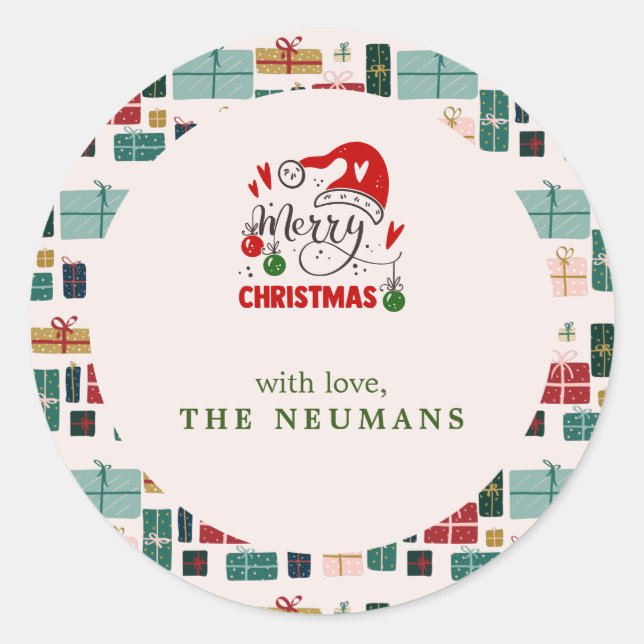 Sticker Rond Boîte cadeau de Noël coloré Motifs (Devant)