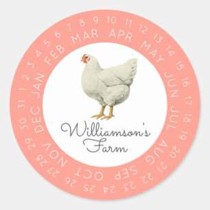 Sticker Rond Boîte d'oeufs à date encadrée par une poule vintag