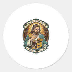 Sticker Rond Boîte en carton Jésus Douleur au doigt découpé en