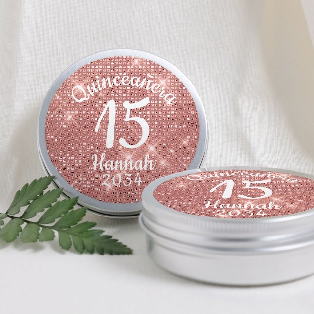 Sticker Rond Boîte en fer blanc de Rose Gold Quinceañera pour l (Rose Gold Quinceañera 15th Birthday Favors Tin Classic Round Sticker
)