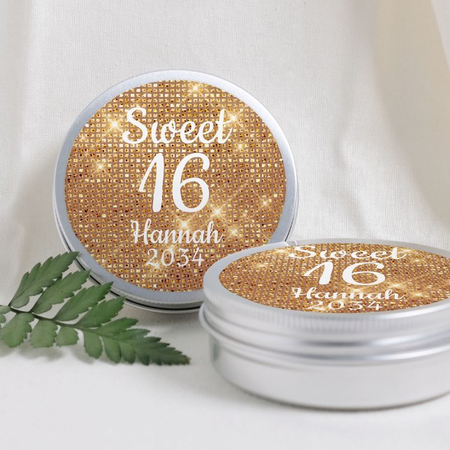 Sticker Rond Boîte en fer Fête d'anniversaire 16 ans Fille Gold (Gold Sweet 16 Girl Birthday Favors Tin Box Classic Round Sticker
)