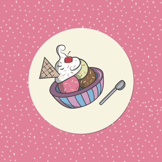 Sticker Rond Bol de crème glacée (Yummy bowl of ice cream round decorative sticker . )