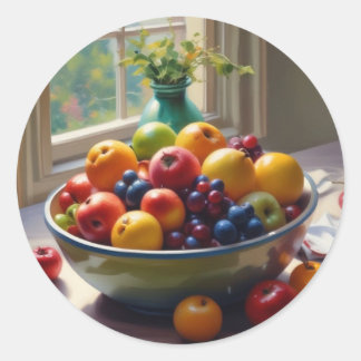 Sticker Rond Bol de fruit sur table peinture à l'huile classiqu