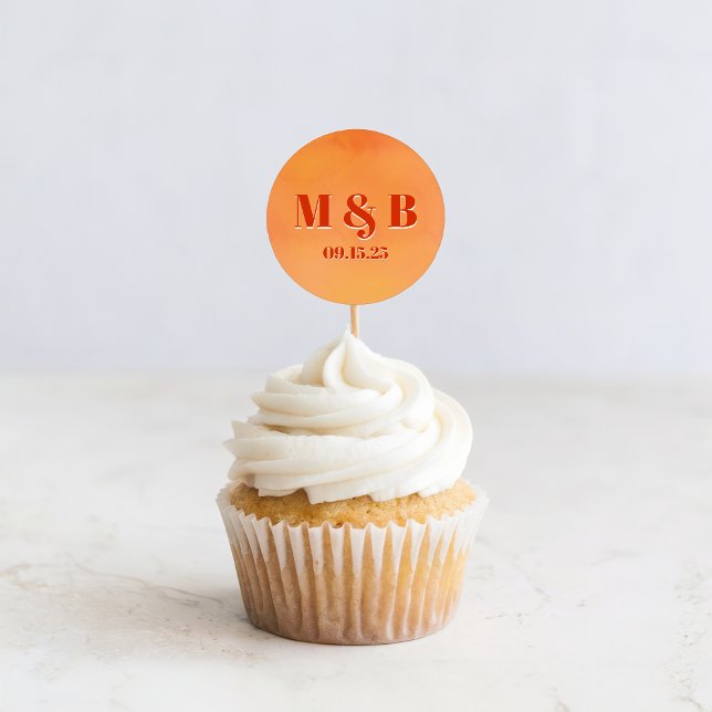 Sticker Rond Bold Orange Watercolor Sunset Monogram Wedding (Créateur téléchargé)