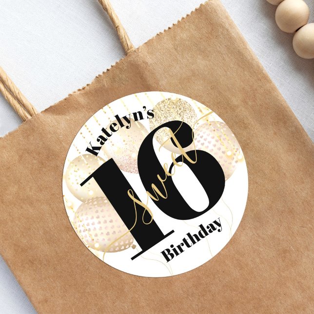 Sticker Rond Bold Sweet 16 Anniversaire Gold Girly Balloons Bla (Créateur téléchargé)