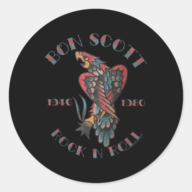 Sticker Rond Bon Scott Rock N Roll Tattoo 1946-1980 (Devant)