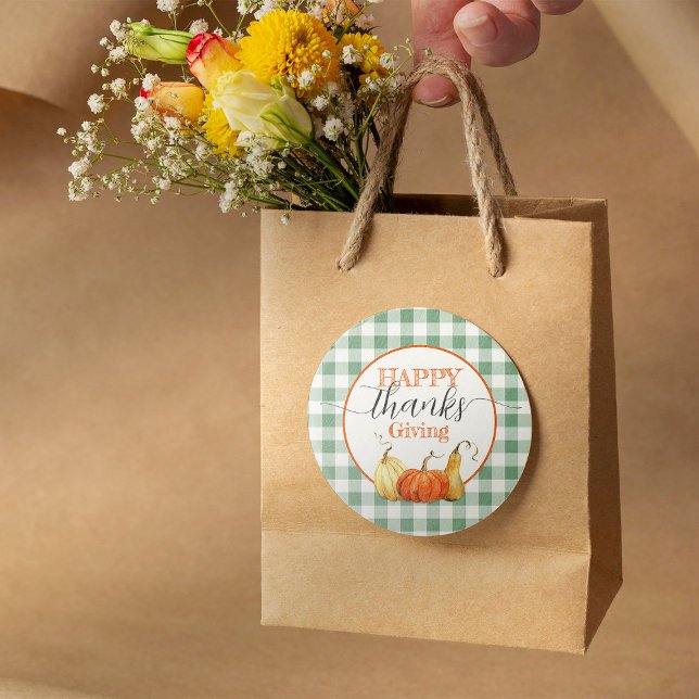 Sticker Rond Bon thanksgiving À damiers Nappes Citrouilles (Créateur téléchargé)