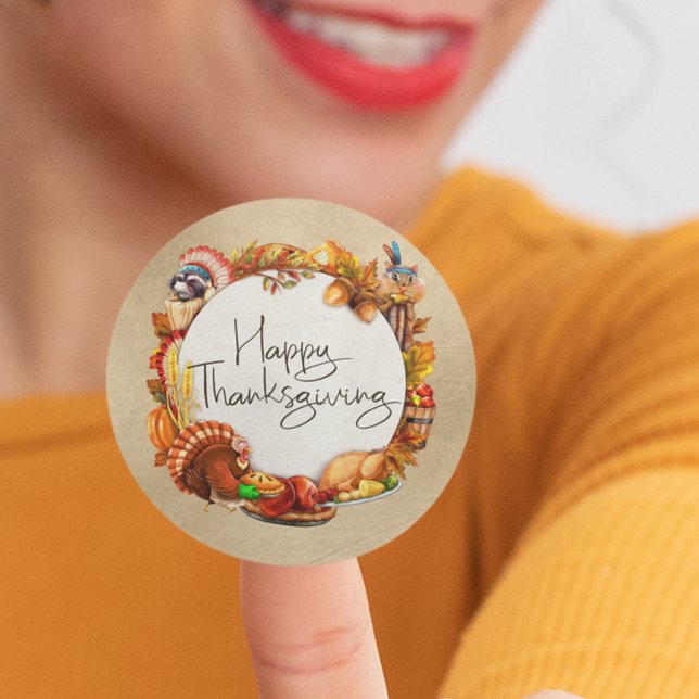 Sticker Rond Bon thanksgiving Autumn Leaf Wreath Animaux (Créateur téléchargé)