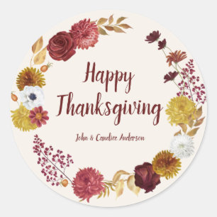 Sticker Rond Bon thanksgiving Bourgogne Gold Floral Wreath