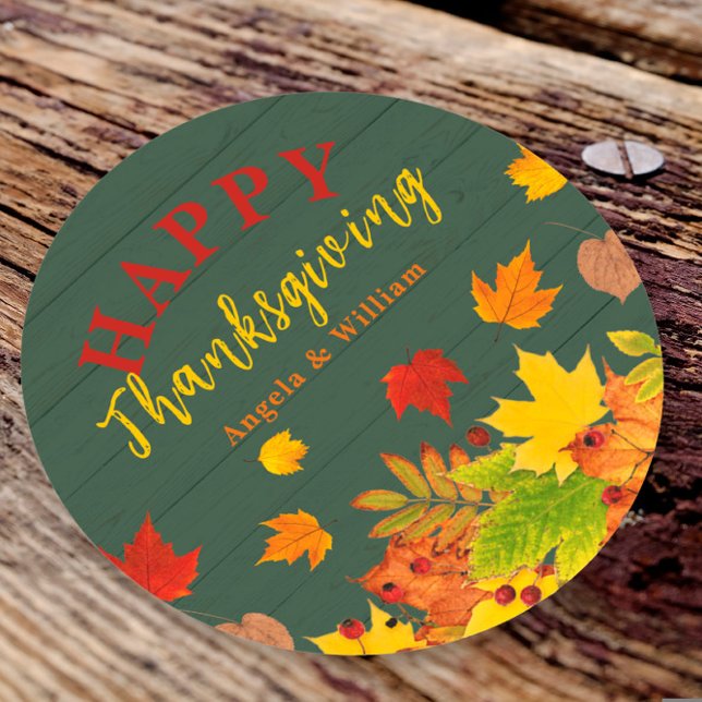 Sticker Rond Bon thanksgiving Chute Coloré Feuillage Sur Bois (Créateur téléchargé)