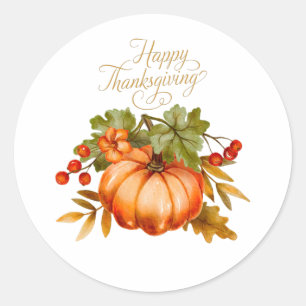 Sticker Rond Bon thanksgiving Citrouille aquarelle et baies