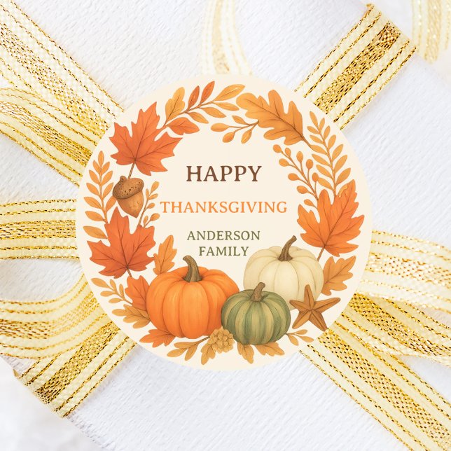 Sticker Rond Bon thanksgiving citrouille chute feuillage beige (Créateur téléchargé)