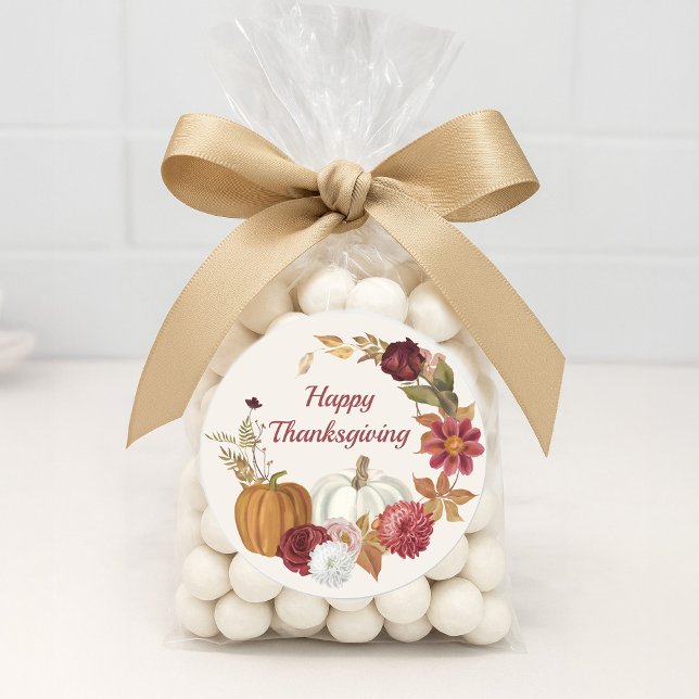 Sticker Rond Bon thanksgiving Citrouille Floral Bourgogne Orang ("Happy Thanksgiving" sticker )