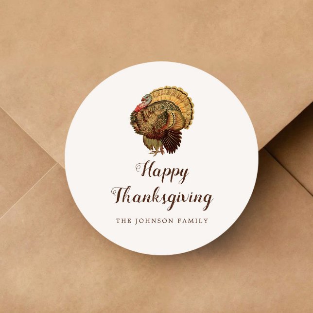 Sticker Rond Bon thanksgiving de Turquie vintage (Vintage Turkey Happy Thanksgiving Classic Round Sticker)