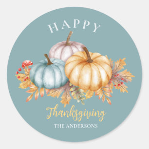Sticker Rond Bon thanksgiving floral citrouille bleu