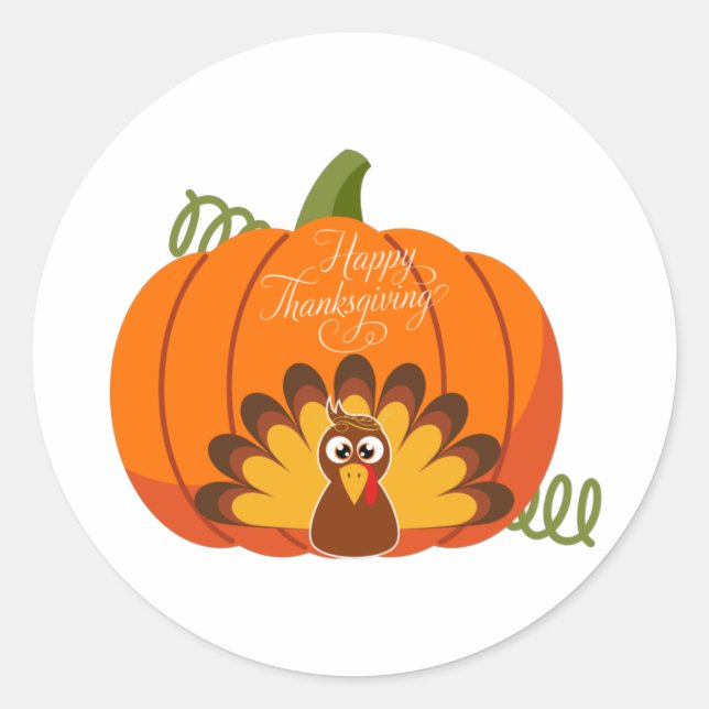 Sticker Rond Bon thanksgiving mignonne Turquie et Citrouille (Devant)