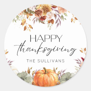 Sticker Rond Bon thanksgiving rustique Citrouille Floral modern