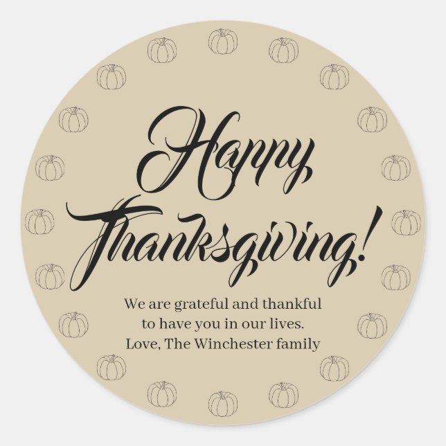 Sticker Rond Bon thanksgiving tan citrouille script personnalis (Devant)