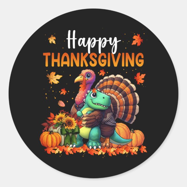 Sticker Rond Bon thanksgiving Turquie accablé des amis Dinosaur (Devant)