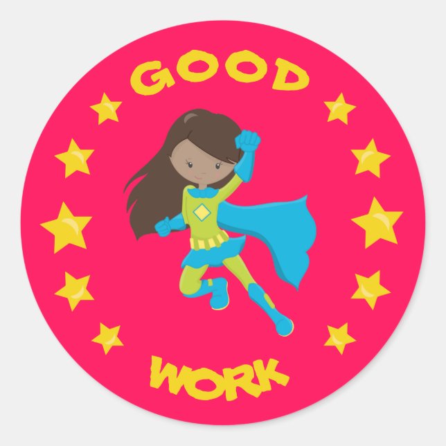Sticker Rond Bon travail Super Héros Black Girl School Educatio (Devant)