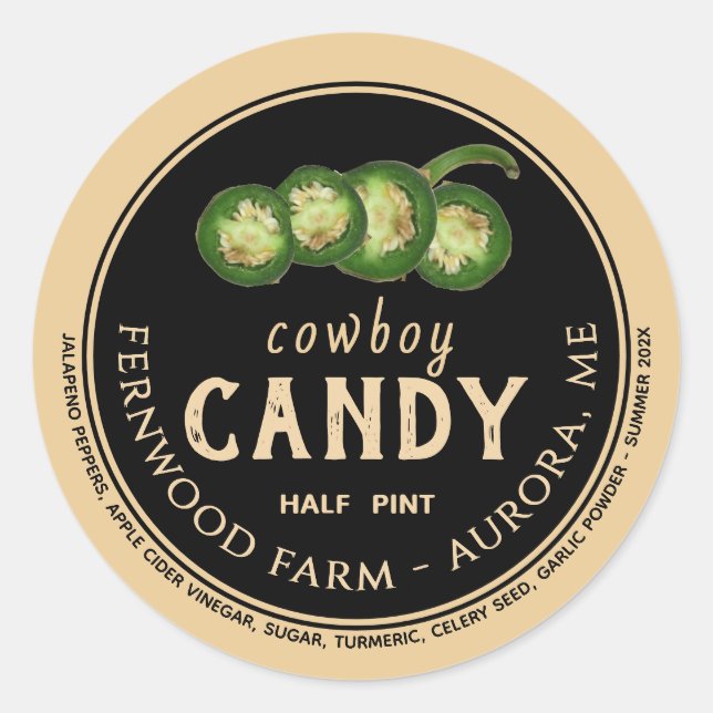 Sticker Rond Bonbon Cowboy Piment Jalapeno Confits Gelée Épicée (Devant)